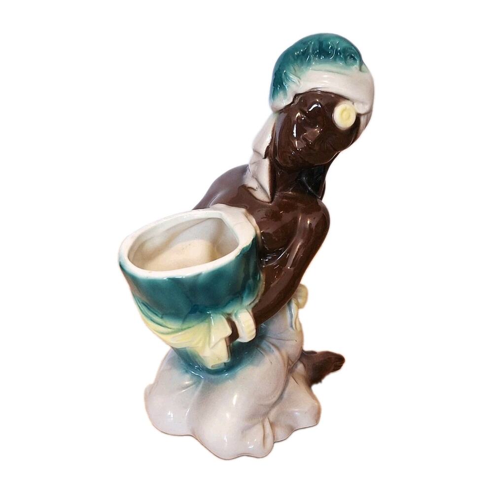 RARE Vintage African Topless Woman Kneeling Ceramic Planter Teal & Gold MCM 8"